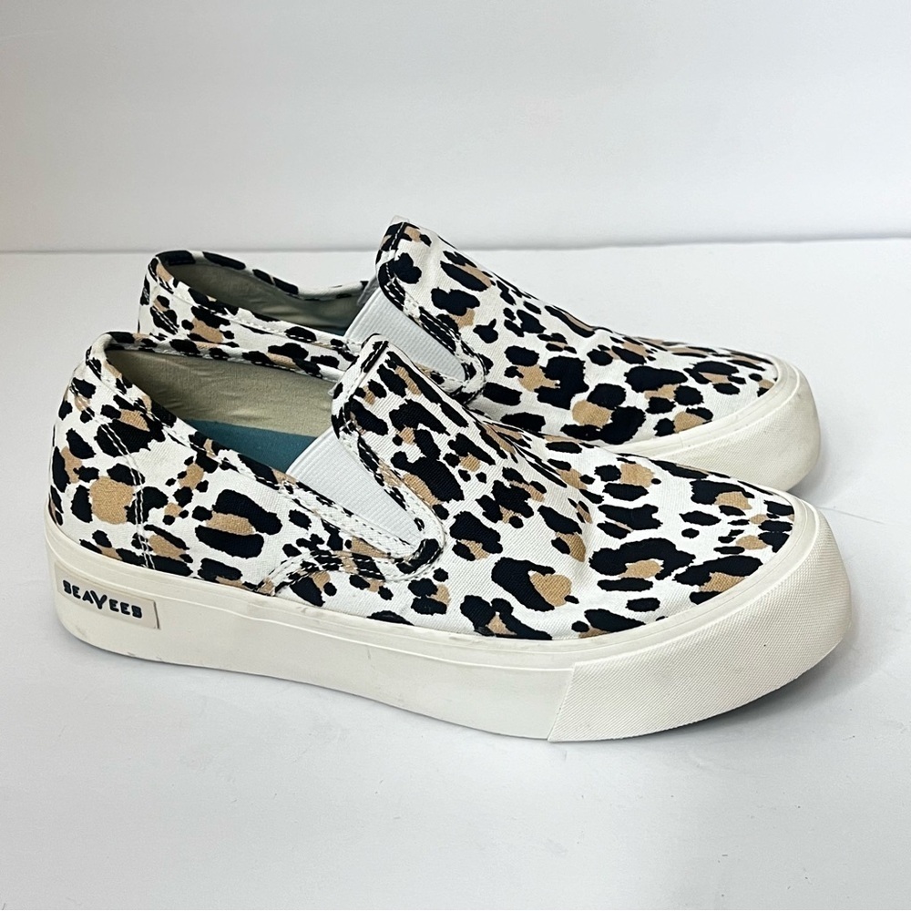 SeaVees Women's Slip-On Sneakers in White with Black and Tan Leopard Print